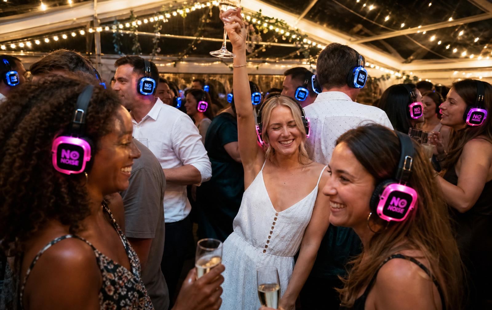 Birthday party silent disco hire in Devon — friends dancing in LED headphones