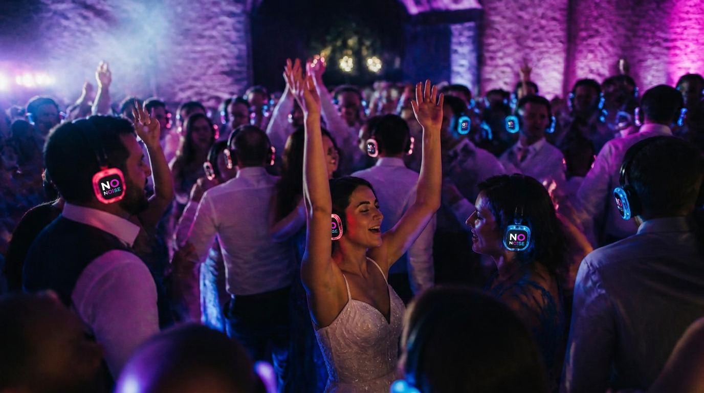 Devon silent disco hire — a packed dancefloor of guests wearing glowing LED headphones at a wedding reception