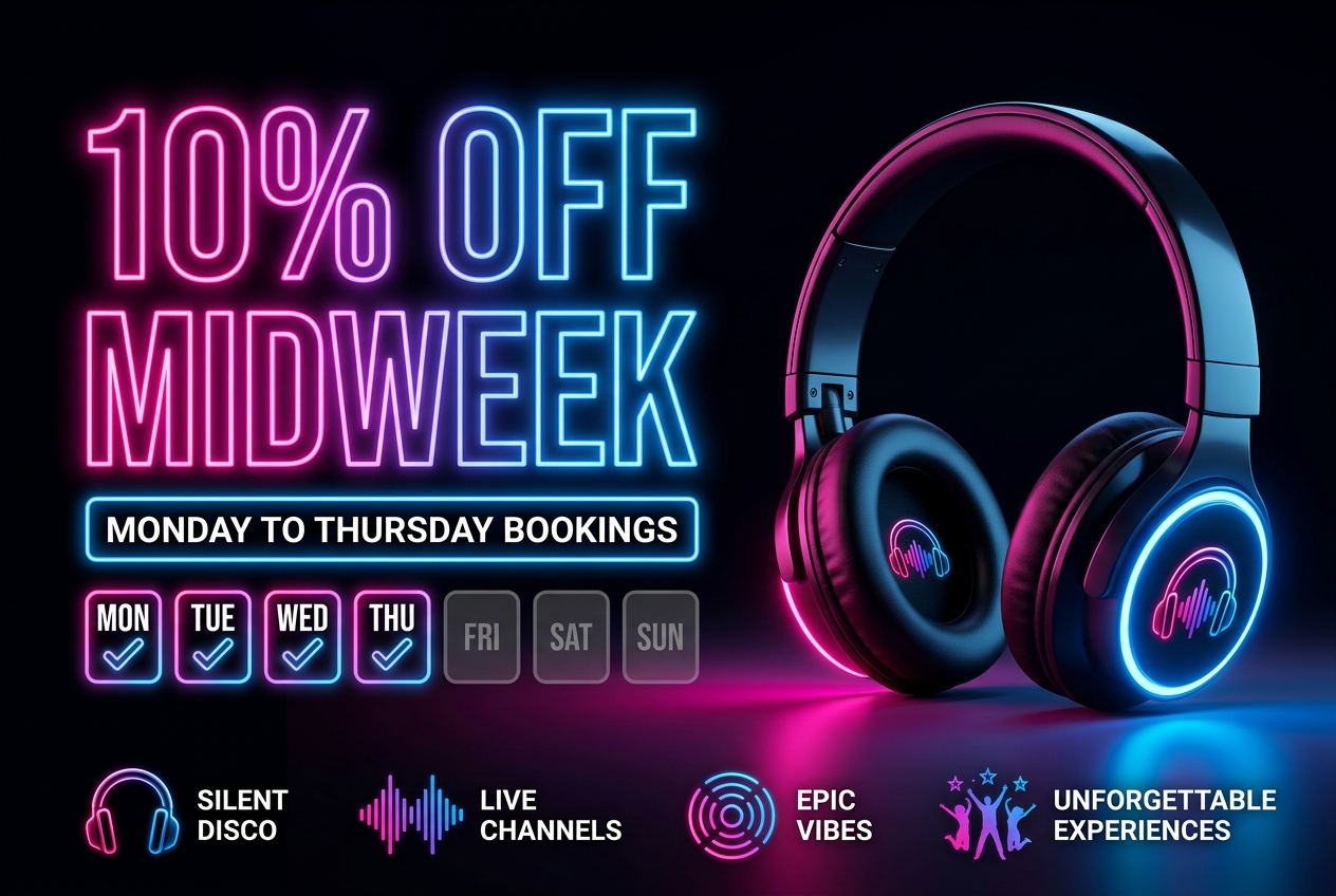 No Noise silent disco hire Devon — 10% off midweek bookings Monday to Thursday, neon LED headphones promotional graphic